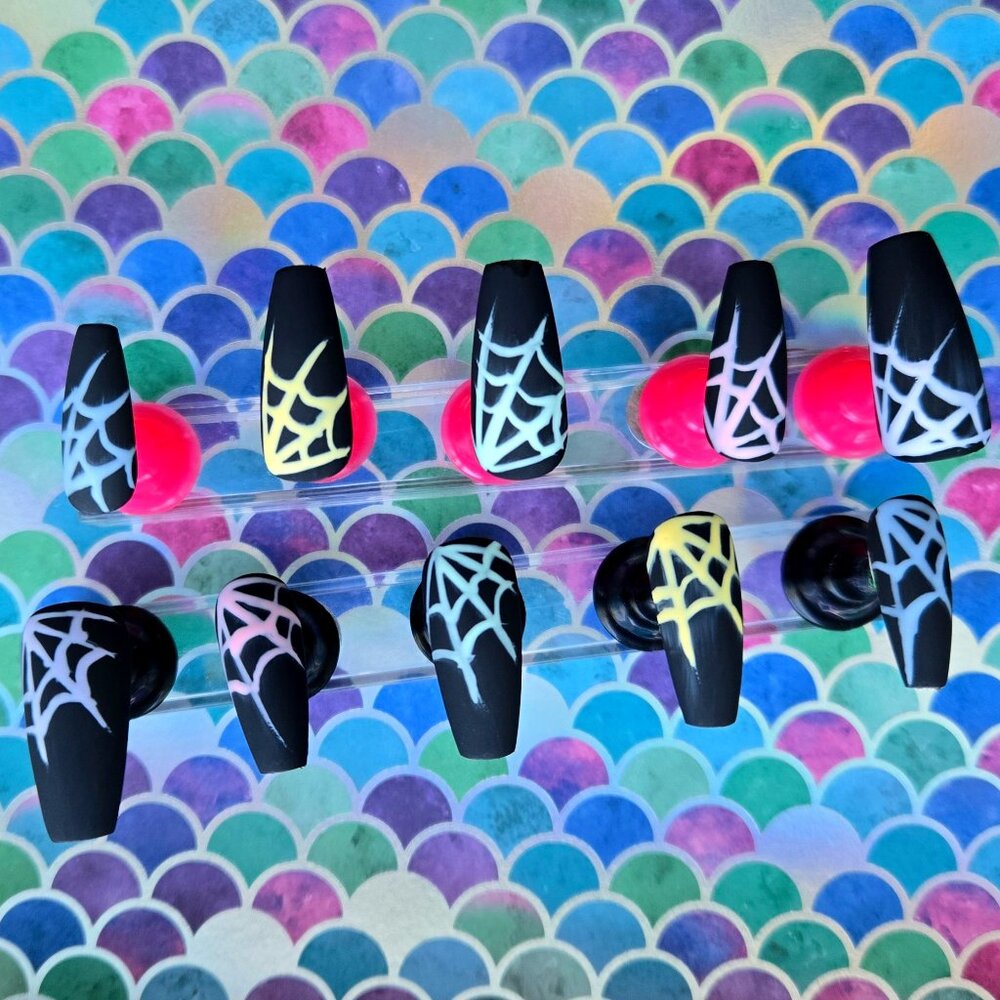 Black matte handmade press on nails with rainbow pastel spiderwebs